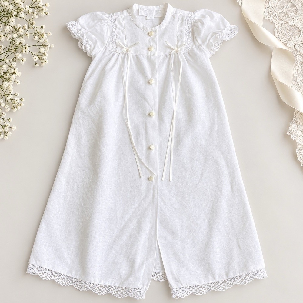 Vintage Handmade Linen Christening Baptism Baby Gown 0-6 Months White Lace Trim